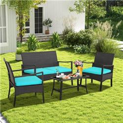 HW70954TU Rattan Conversation Set with Tempered Glass Coffee Table, Turquoise - 4 Piece