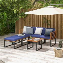 HW70982NY- Patio Acacia Wood Conversation Sofa Set with Ottomans & Coffee Table, Navy - 6 Piece