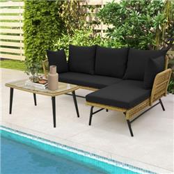 HW71133BK- L-Shaped Patio Sofa with Cushions & Tempered Glass Table, Black - 3 Piece