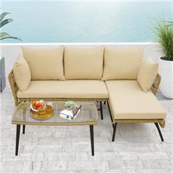 HW71133BN- L-Shaped Patio Sofa with Cushions & Tempered Glass Table, Beige - 3 Piece