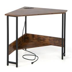 Picture of Costway JV10615US-CF Triangle Computer Corner Desk with Charging Station, Rustic Brown