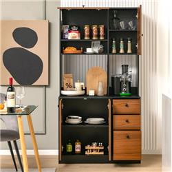 JZ10117BN- 71 in. Kitchen Pantry with 3 Storage Cabinet & 3 Deep Drawer, Walnut