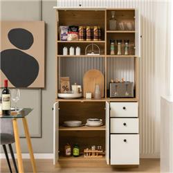 JZ10117WH- 71 in. Kitchen Pantry with 3 Storage Cabinet & 3 Deep Drawer, White