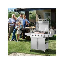 NP10898US-SL 50000BTU 5-Burner Propane Gas Grill with Side Burner & 2 Prep Table, Silver
