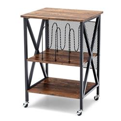 JZ10096CF 3-Tier Vintage Style Rolling End Table with 3-Divider for Albums, Brown