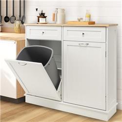 KC54756WH Rubber Wood Kitchen Trash Cabinet with Single Trash Can Holder & Adjustable Shelf, White