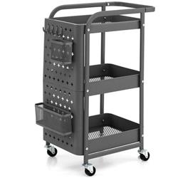 KC55044GR 3-Tier Utility Storage Cart with DIY Pegboard Baskets, Gray
