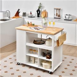 KC55161WH Kitchen Island Trolley Cart on Wheels with Storage Open Shelves & Drawer, White -  Costway