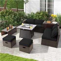 NP10262DK-HW68592DK- Patio PE Wicker Sectional Set with 50000 BTU Fire Pit Table, Black - 9 Piece