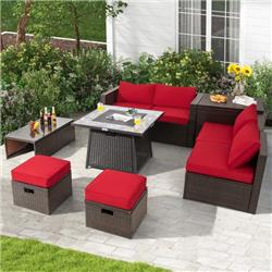 NP10262DK-HW68592RE- Patio PE Wicker Sectional Set with 50000 BTU Fire Pit Table, Red - 9 Piece