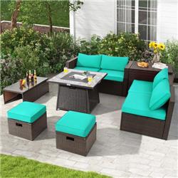 NP10262DK-HW68592TU- Patio PE Wicker Sectional Set with 50000 BTU Fire Pit Table, Turquoise - 9 Piece