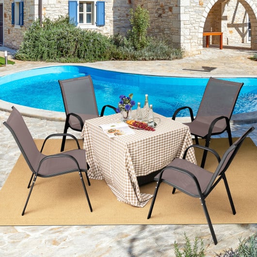NP10473BN-4 Stackable Patio Dining Chair Set with Armrest, Brown - 4 Piece