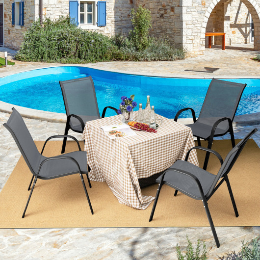 NP10473GR-4 Stackable Patio Dining Chair Set with Armrest, Gray - 4 Piece