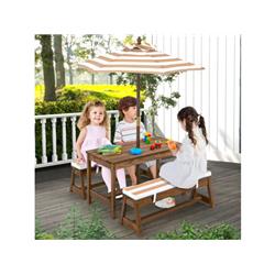 NP10754CF Kids Picnic Table & Bench Set with Cushions & Height Adjustable Umbrella, Brown