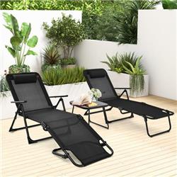 NP11158DK Patio Folding Chaise Lounge Set with PVC Tabletop, Black - 3 Piece