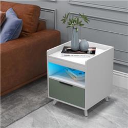 JV10648WH Modern Nightstand with LED Lights Sliding Drawer & Open Compartment, White
