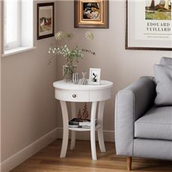 JV10705WH 2-Tier Wood Round End Table with Open Drawer, White