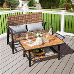 NP10969 Patio Rattan Coffee Table Set with Shelf - 2 Piece