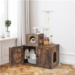 Picture of Costway PV10055CF Cat Tree with Litter Box Enclosure with Cat Condo, Rustic Brown