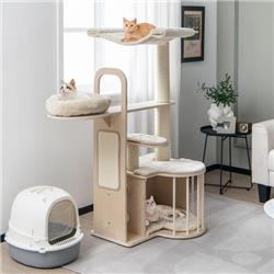 Picture of Costway PV10072BE 55 in. Tall Multi-Level Cat Tree with Washable Removable Cushions, Natural