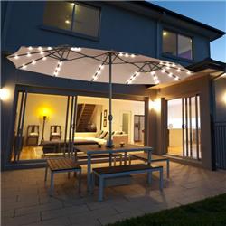OP70084BE 15 ft. Patio LED Crank Solar Powered 36 Lights Umbrella without Weight Base, Beige