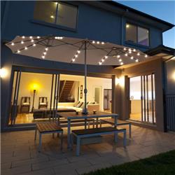 OP70084CF 15 ft. Patio LED Crank Solar Powered 36 Lights Umbrella without Weight Base, Tan