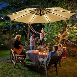 OP70679BE 10 ft. Solar LED Offset Umbrella with 40 Lights & Cross Base for Patio, Beige