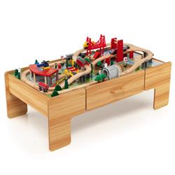Picture of Costway TM10008 Kids Double-Sided Wooden Train Table Playset with Storage Drawer