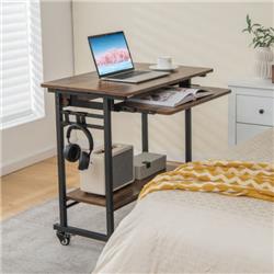 CB10496CF Rolling Laptop Table with Pull-out Keyboard Tray & Hooks, Rustic Brown