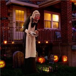 CM23951 5.2 ft. Animated Standing Greeter Old Lady Halloween Decoration with Candy Dish