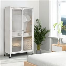HU10441WH Rolling Storage Armoire Closet with Hanging Rod & Adjustable Shelf, White
