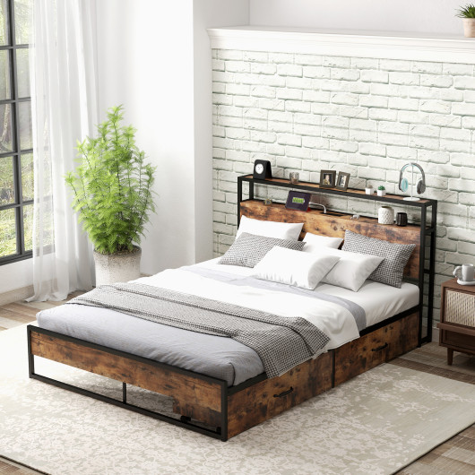 HU10475-Q Bed Frame with 2-Tier Storage Headboard & 2 USB Port Charging Station - Queen Size