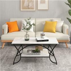 HV10267MB 2-Tier Faux Marble Coffee Table with Marble Top & Metal Frame, Black & White