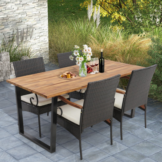 HW70833-4PlusHW70840 Patio Rattan Dining Set with Umbrella Hole for Poolside Backyard - 5 Piece