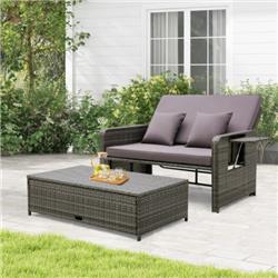 HW71247GRPlus Wicker Loveseat Sofa with Multipurpose Ottoman & Retractable Side Tray, Gray