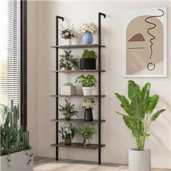 JV10453CF 5-Tier Ladder Shelf Wall-Mounted Bookcase with Steel Frame, Brown