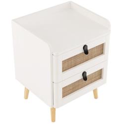 JV11094WH Modern End Table Bedside Table with 2 Rattan Decorated Drawers, White