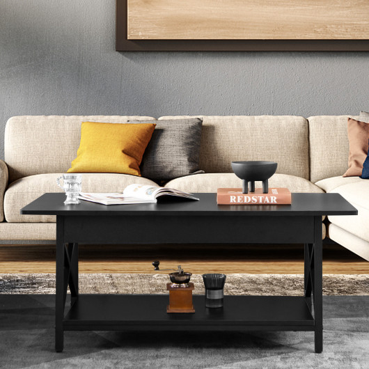 JV10954DK 2-Tier Rectangle Coffee Table with Storage Shelf & X-Shaped Metal Frame, Black