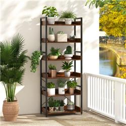 JV10963CF 6-Tier Tall Industrial Bookcase with Open Shelves & 4 Hooks, Brown