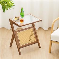 JV11091BN Boho End Table with Magazine Rack & Tempered Glass Top, Walnut
