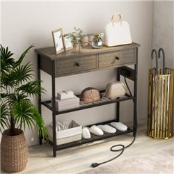 JV10841US-GR Narrow Console Table with 2 Drawers & 2 Metal Mesh Shelves, Gray
