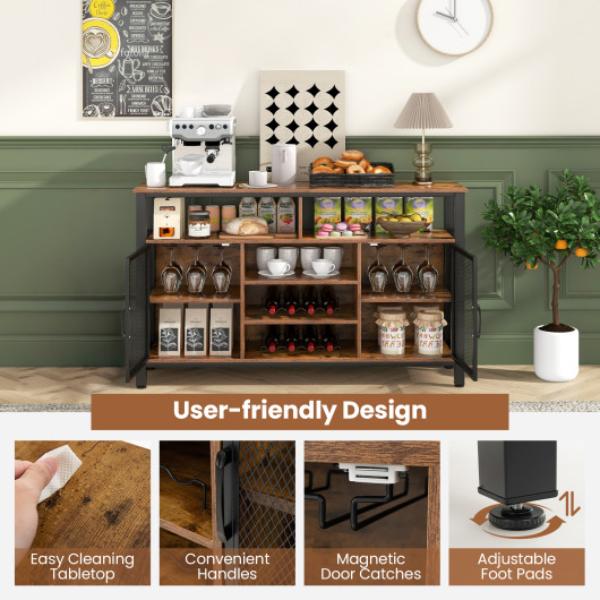 HV10478CF 55 in. Buffet Sideboard with 8-Bottle Wine Racks & Wine Glass Holders, Rustic Brown