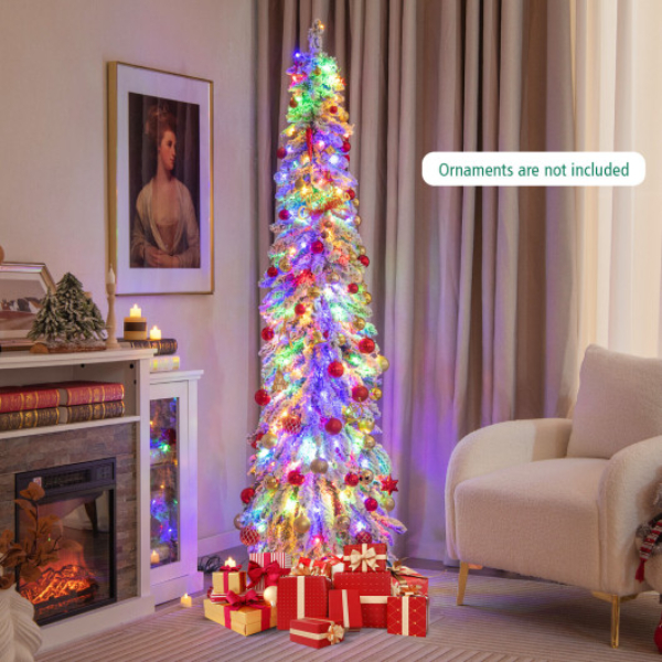 CM24578US 6 ft. Pre-Lit Artificial Christmas Tree Snow-Flocked Slim Pencil Xmas Decor - Green & White
