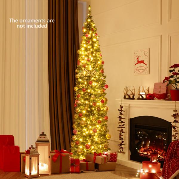 CM24529US 8 ft. Pre-Lit Pencil Artificial Christmas Tree with 300 Warm White LED Lights, Green