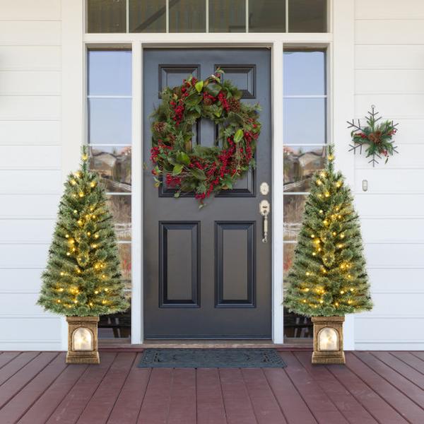 CM24560US 4 ft. Pre-Lit Potted Christmas Tree with Pine Needles, Green & Gold