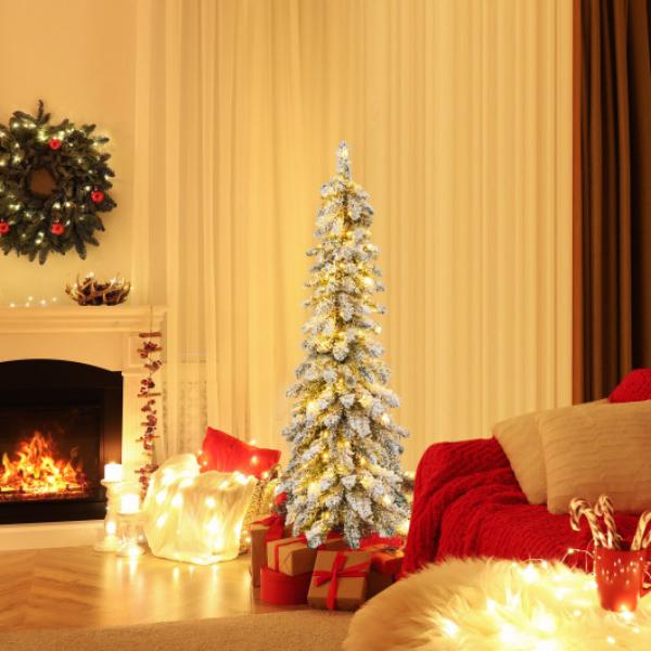 CM24576US 4 ft. Pre-Lit Artificial Christmas Tree Snow-Flocked Slim Pencil Xmas Decor, Green & White