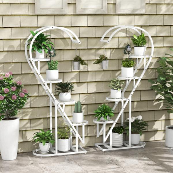 GT4090WH 5 Tier Metal Plant Stand with Hanging Hook for Multiple Plants - White
