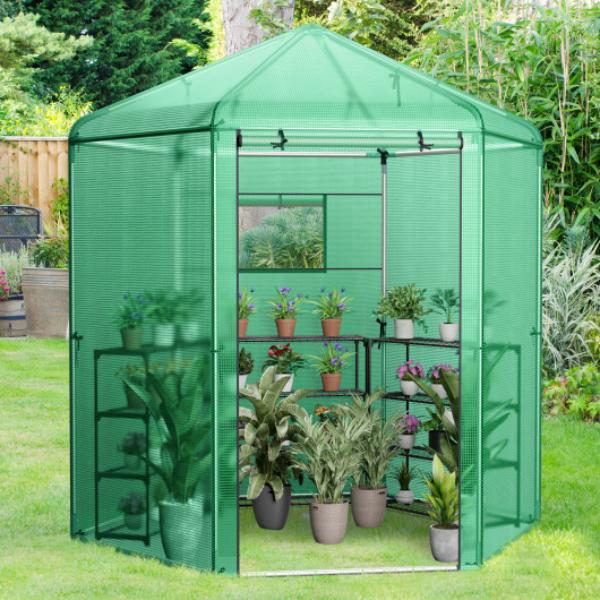 GT4149 Walk-in Hexagonal Greenhouse with PE Cover & Metal Frame, Green