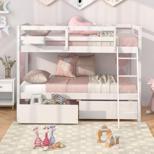 HU10645WH Twin Over Twin Bunk Bed Wood Bed Frame with 2 Storage Drawers & Ladder, White -  Total Tactic, HU10645WH+