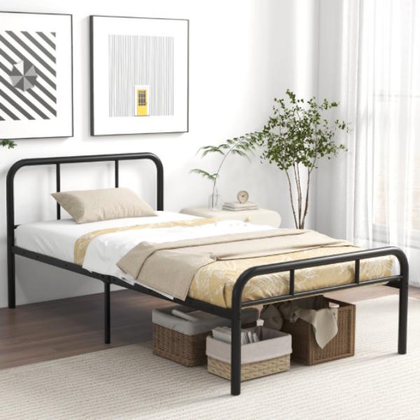 HU10539DK-T Modern Metal Platform Bed with Headboard & Footboard, Black